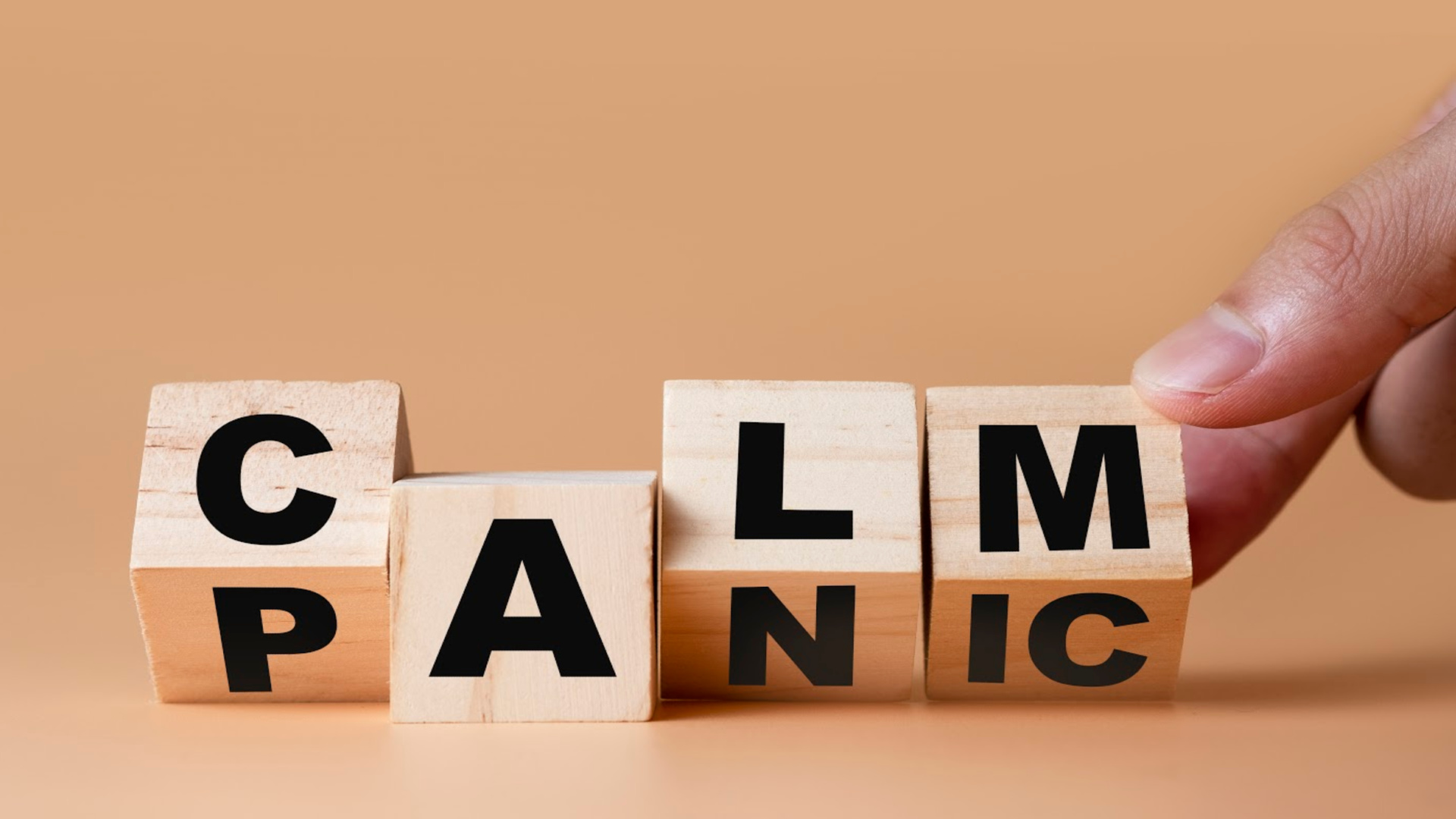 Image shows the words Calm/Panic on wood blocks